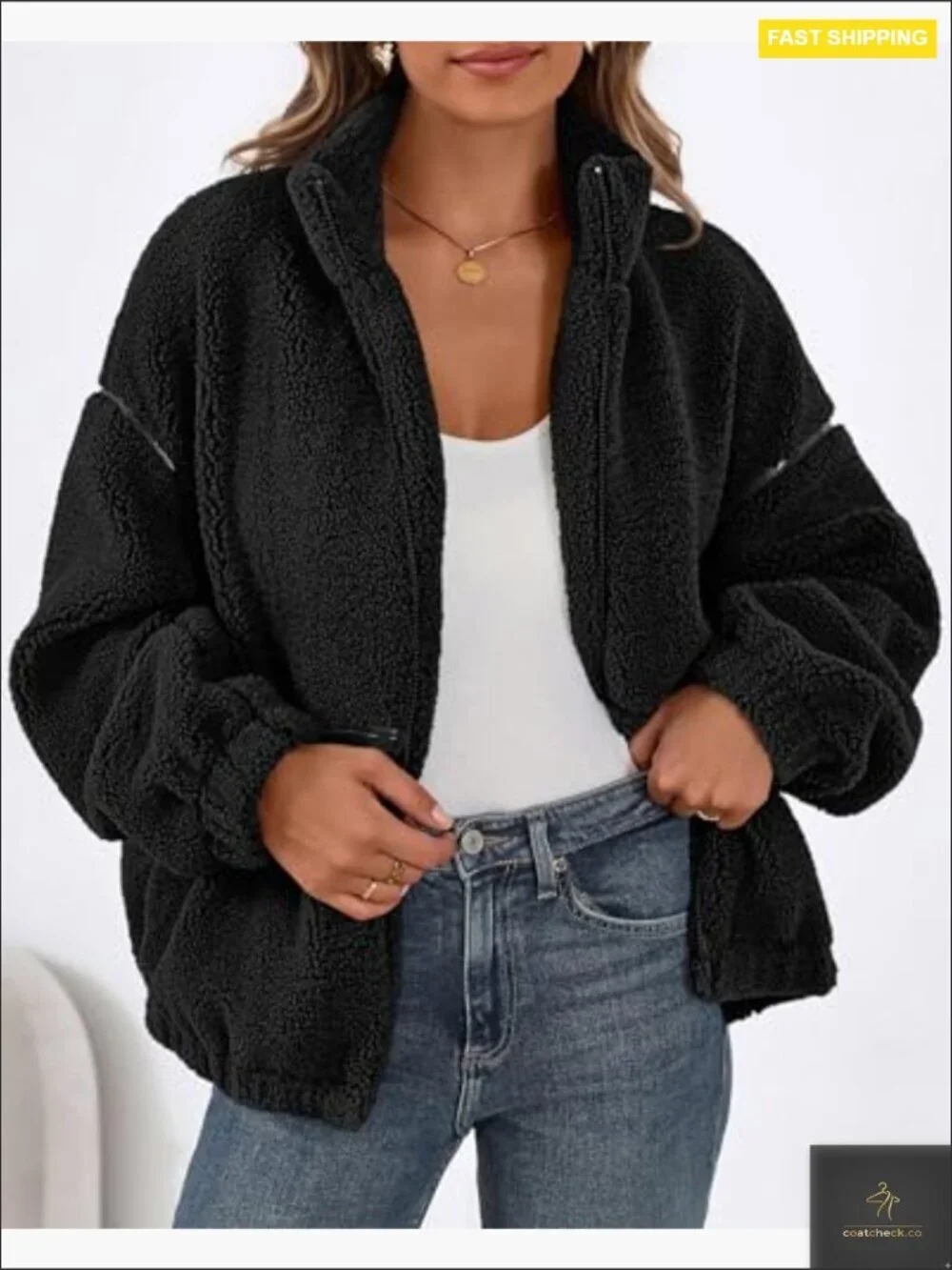 Oversized Faux Fur Zip Up Sherpa Jacket Winter Warm Fleece Jacket for Women